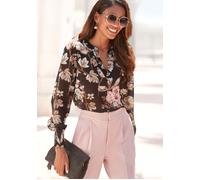 Chiffonbluse LASCANA Gr. 46, schwarz (schwarz bedruckt) Damen Blusen langarm mit Blumendruck und V-Ausschnitt, Damenbluse, elegant-chic (69922738-46) schwarz bedruckt