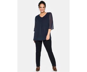 Chiffonbluse SHEEGO, Damen, Gr. 52, blau (marine), 100% Polyester, unifarben, V-Ausschnitt, Blusen Chiffonbluse (67061557-52) marine