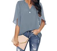 Chiffonblusen mit gerafften Ärmeln für Damen Kurzarm V-Ausschnitt Dressy Bluse Tops Unifarbene lockere Freizeit-T-Shirts (Grau,XL)