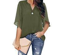 Chiffonblusen mit gerafften Ärmeln für Damen Kurzarm V-Ausschnitt Dressy Bluse Tops Unifarbene lockere Freizeit-T-Shirts (Dunkelgrün,M)