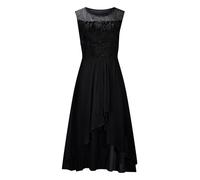 Chiffonkleid Damen Elegant Cocktailkleid Abendkleid Ärmellos Ballkleider mit Spitzen A Linie für Hochzeit Kurz Vokuhila Kleid Schwarz S