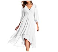 Chiffonkleid Damen Festlich Kleid Hochzeitsgast Vorne Kurz Hinten Lang Abendkleider Elegant Für Hochzeit Cocktailkleid Midi Plissee Chiffon Kleider A Linie Ballkleid V Ausschnitt 3/4 Ärmel