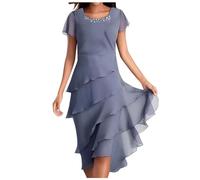 Chiffonkleid Damen Festlich Knielang Kleid Hochzeitsgast Sommer Cocktailkleid Elegant Kleider Hochzeit Abendkleid Festkleid A Linie Chiffon Stufenkleid Frauen Schick Business Kleid Chiffon Kleid