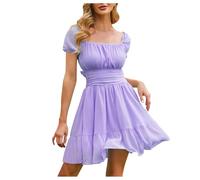 Chiffonkleid Damen Leicht Rüschen Kleid Freizeit Einfarbig Sommerkleid Coquette Kurzarm Lose Strandkleid Knielanges Sommer Dress Tunika A Linie Kleider Lila XL