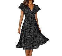 Chiffonkleid Damen Schwarz Punkte: Sommerkleid Damen Knielang Kleid V-Ausschnitt Luftig Skaterkleid Kurzarm Freizeitkleid Swing Kleider Cocktailkleid Leicht Abendkleid Durchsichtig Blumenkleid