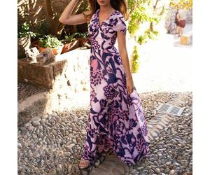 Chiffonkleid im Maxilänge mit Blume Muster, V-Ausschnitt Design mit Schleifendekor, fließender bodenlanger Saum, geeignet für Bridal-Shower, Gartenfes