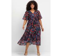 Chiffonkleid SHEEGO "Chiffonkleid", Damen, Gr. 46, Normalgrößen, blau (marine, gemustert), 100% Polyester, geblümt, gemustert, lang, V-Ausschnitt, Kleider Chiffonkleid (92779147-46) marine, gemustert