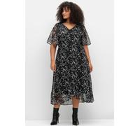 Chiffonkleid SHEEGO "Große Größen", Damen, Gr. 52, Normalgrößen, schwarz-weiß (schwarz, weiß gemustert), Obermaterial: 100% Polyester;Futter: 100% Polyester, gemustert, feminin, figurumspielend lang, 