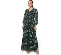 Chiffonkleid ZERO "Damen langarm mit Blumen", Damen, Gr. 38, Normalgrößen, dunkelgrün, pink, Chiffon, Obermaterial: 100% Polyester, bedruckt, A-Linie lang, V-Ausschnitt, Kleider Chiffonkleid, Rüschen 