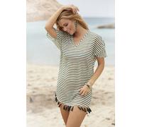 Chiffontunika VENICE BEACH, Damen, Gr. 42, grün (weiß, khaki, gestreift), Web, Obermaterial: 100% Polyester, gestreift, figurumspielend kurz, V-Ausschnitt, Tuniken, mit Streifenprint, Quasten mit Fran