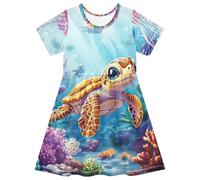 CHIFIGNO Kleid für Mädchen, Rundhalsausschnitt, A-Linie, Sommerkleid, Kinderkleid, Kleinkind, Sommerkleidung, Süße Schildkröte, Korallenqualle, 7-8 Jahre