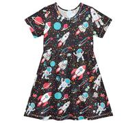 CHIFIGNO Mädchenkleid mit niedlichem Cartoon-Astronauten-Raketen-Motiv, schwarz, Rundhalsausschnitt, lässiges Sommerkleid, kurzärmelig, für Schule, Party, Niedliche Cartoon-Astronauten-Raketen