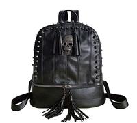 Chikencall Damen Männer Schwarzer Punk Skull Rucksack Nieten Dampf Daypack mit Quasten Reiseschultertasche mit Reißverschluss Rucksack Schwarz