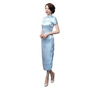 Chinesische Qipao, Satin National Cheongsam Kleid Kurzarm, Schmales Maxikleid Jacquard-Blumen-Qipao-Kleid, Elegant, Plus Größe, Sexy Cocktailabend-Hochzeitskleid Für Mädchen, Braut, Hellblau, 3Xl