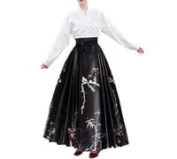 Chinesische Röcke für Frauen - eleganter Rock mit Pferdegesicht, Vintage, ethnischer Druck, lang, schwingend, plissiert, A-Linie, Maxirock, traditionelle Hanfu-Kleidung, #5-schwarz, Einheitsgröße