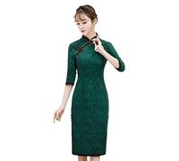 Chinesisches Kleid Für Damen - Sommer-Spitze-Cheongsam-Kleider, Spitzen-Vintage-Kleid, Schmales Pfingstrosen-Qipao, Damen-Langarm-Grün, Chinesische Kleidung, Stil B, 3XL