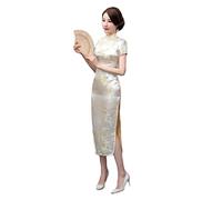 Chinesisches Kleid Qipao,Satin National Cheongsam Kleid Kurzärmliges, Schlankes Maxikleid Jacquard-Blumen-Qipao-Kleid Elegant Plus Größe Sexy Cocktail-Abend-Hochzeitskleid Für Mädchen Braut,Gelb,M