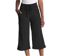 Chino Hose Damen Stretch Hosen Damen Jeans Sommerhosen Damen Leicht Und Luftig Elastische Taille Einfarbiges Tunnelzug 3/4 Hose Mit Taschen Locker Chino Hose Leicht Stoffhose Weiße Hose Schwarz L