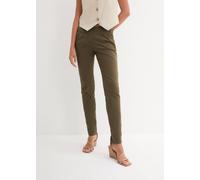 Chinohose BONPRIX, Damen, Gr. 42, N-Gr, dunkeloliv (länge: regulär), Twill, Obermaterial: 98% Baumwolle, 2% Elasthan, unifarben, washed, regular fit lang, Hosen Chinohose, schmale Form, mit Bundfalten