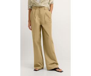 Chinohose BUGATTI "Gerader Beinverlauf", Damen, Gr. 44, Normalgrößen, beige (130, moos), 55% Baumwolle, 42% Polyester, 3% Elasthan, unifarben, gerade, Hosen Chinohose, mit doppelter Bundfalte (8655676
