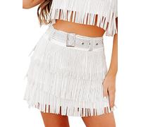 ChiyeeKiss Damen Minikleid mit glitzernden Strassbesatz und Fransen, elastischer Bund, kurzes Minikleid mit verstellbarem und abnehmbarem Gürtel, Weiss/opulenter Garten, Mittel