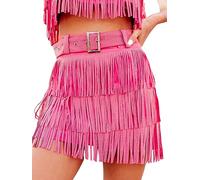 ChiyeeKiss Damen Minikleid mit glitzernden Strassbesatz und Fransen, elastischer Bund, kurzes Minikleid mit verstellbarem und abnehmbarem Gürtel, Knallpink (Hot Pink), Groß