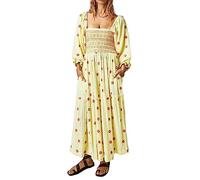 Chloefairy Damen-Maxikleid mit Blumenstickerei, Laternenärmel, quadratischer Ausschnitt, gestuftes, fließendes Frühlingskleid, gelb, Klein
