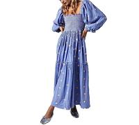 Chloefairy Damen-Maxikleid mit Blumenstickerei, Laternenärmel, quadratischer Ausschnitt, gestuftes, fließendes Frühlingskleid, Hell, blau, Klein