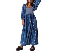 Chloefairy Damen-Maxikleid mit Blumenstickerei, Laternenärmel, quadratischer Ausschnitt, gestuftes, fließendes Frühlingskleid, Dunkelblau, Klein