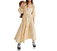 Chloefairy Damen-Maxikleid mit Blumenstickerei, Laternenärmel, quadratischer Ausschnitt, gestuftes, fließendes Frühlingskleid, Aprikose, Mittel