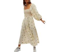 Chloefairy Damen-Maxikleid mit Blumenstickerei, Laternenärmel, quadratischer Ausschnitt, gestuftes, fließendes Frühlingskleid, Beige, Groß