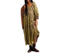 Chloefairy Damen-Maxikleid mit Blumenstickerei, Laternenärmel, quadratischer Ausschnitt, gestuftes, fließendes Frühlingskleid, Grün , Mittel