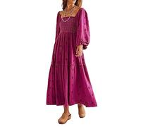 Chloefairy Damen-Maxikleid mit Blumenstickerei, Laternenärmel, quadratischer Ausschnitt, gestuftes, fließendes Frühlingskleid, Violette Rose, Klein