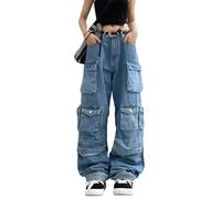 Chmnigma Baggy-Cargohose für Damen und Herren, Y2K, lockere Passform, weite Beine, Harajuku, Streetwear-Kleidung, Blau, Klein