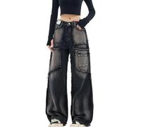 Chmnigma Y2k Baggy-Jeans für Damen und Herren, niedrige Leibhöhe, gerades Bein, Denim-Hose, Vintage, Grunge, Gothic-Kleidung, Schwarz, Mittel