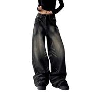 Chmnigma Y2k Baggy-Jeans für Damen und Herren, niedrige Leibhöhe, gerades Bein, Denim-Sweathose, Vintage-Gothic-Kleidung, Schwarz5, X-Klein