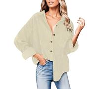 Chnnamzu Damen Cord Jacke Cordhemd Damen Vintage Hemd Cordjacke Winter Frühling Herbst Top Langarmshirt Elegant Hemdbluse mit Knöpfen V-Ausschnitt Casual Arbeit Bluse Jacke