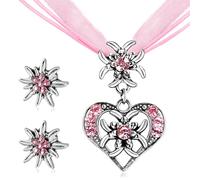 CHONGQILAO Oktoberfest Trachtenschmuck Damen Set, Bayerisch Dirndlschmuck Trachtenkette mit Strass Edelweiß Herz Anhänger und Edelweiß Ohrstecker für Damen Bierfest Trachten Dirndl Outfit Accessoires