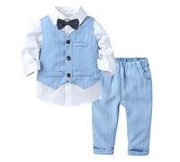 Choomomo Baby Jungen Taufanzug Hochzeitanzug Bekleidungset Festliche Gentleman Outfit Baumwolle Langarm Hemd + Fliege Weste Hose Blau 86-92