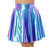 Choomomo Damen Wetlook Rock Mini Faltenrock Shiny Metallic Plisseerock Glänzend Skaterrock Lederrock Gogo Clubwear Blau B M