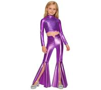 Choomomo Kinder Mädchen Zweiteiler Tanz Outfit Metallic Glänzende Crop Top mit Schlaghose Set Disco Jazz Hip Hop Performance Dancewear Lila 110-116
