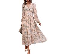 ChooTeeYeen Damen V-Ausschnitt Langarm Wrap Maxikleid A Linie Empire-Taille Herbst Hochzeit Gast Party Casual Chiffon Kleid, Rosa Blumen, Groß