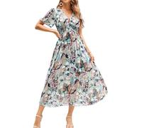 ChooTeeYeen Maxikleid für Damen, V-Ausschnitt, Lange Ärmel, A-Linie, Empire-Taille, Herbst, Hochzeit, Gast, Party, lässiges Chiffon-Kleid, Green Flow, XX-Large