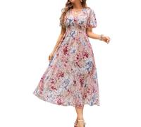ChooTeeYeen Maxikleid für Damen, V-Ausschnitt, lange Ärmel, A-Linie, Empire-Taille, Herbst, Hochzeit, Gast, Party, lässiges Chiffon-Kleid, Rose Flow, Groß