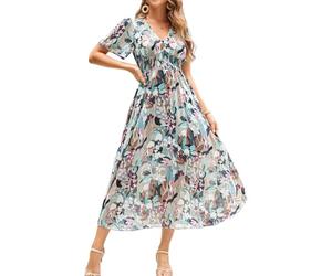 ChooTeeYeen Maxikleid für Damen, V-Ausschnitt, lange Ärmel, A-Linie, Empire-Taille, Herbst, Hochzeit, Gast, Party, lässiges Chiffon-Kleid, Green Flow, X-Groß