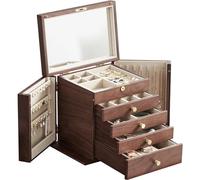CHOSIN Schwarze Walnuss-Holz-Schmuckschatulle für Frauen, 5 Ebenen Schubladen-Organizer-Box mit zwei Seitentüren zur Aufbewahrung von Halsketten, Uhren, Ohrring-Aufbewahrung, Geschenkbox für Mädchen