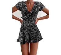 CHOUBAGUAI Damen Wickelkleid mit Schnürung, Blumen, Sommer, lässig, Rüschen, V-Ausschnitt, Mini-A-Linien-Kleid, Party, Urlaub, Damen, schmales kurzes Kleid, Schwarz, XL