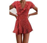 CHOUBAGUAI Damen Wickelkleid mit Schnürung, Blumen, Sommer, lässig, Rüschen, V-Ausschnitt, Mini-A-Linien-Kleid, Party, Urlaub, Damen, schmales kurzes Kleid, Rot, M