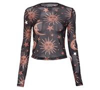 CHOUX Sonne Mond Print Transparente T-Shirts Frauen Durchsichtig Langarm Frühling Kleidung Sterne Tops Mädchen Schwarz, M