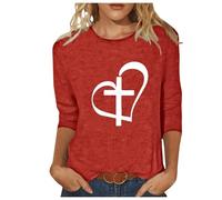 Christliches T-Shirt für Damen, 3/4-Ärmel, Jesus, Kreuz, Herz, Grafik, Glaube, Hemden, gesegnetes T-Shirt, lässig, elegant, religiöse Blusen, rot, X-Large
